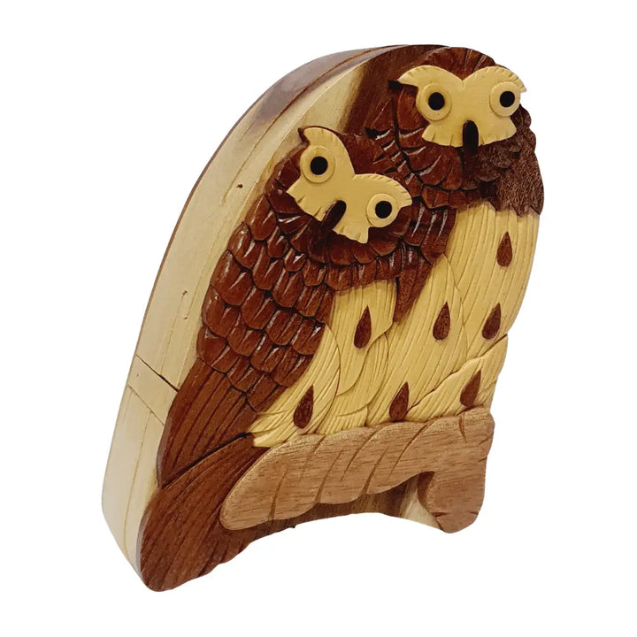 Barn Yard Hoot Owl Pair Hand-carved Puzzle Box - Stash Box Dan