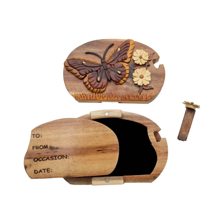 Butterfly and Daisies Hand-Carved Puzzle Box - Stash Box Dan