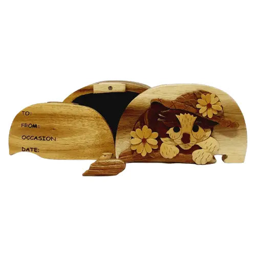 Cat in Hat with Flowers Hand-Carved Puzzle Box - Stash Box Dan