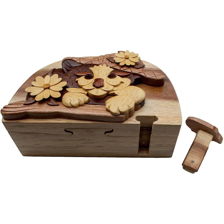 Cat in Hat with Flowers Hand-Carved Puzzle Box - Stash Box Dan