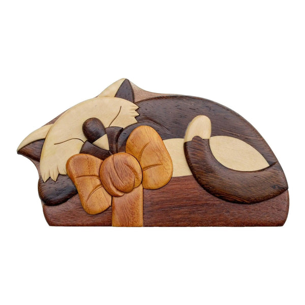 Cat with Bow Sleeping Hand-Carved Puzzle Box- Red Interior - Stash Box Dan