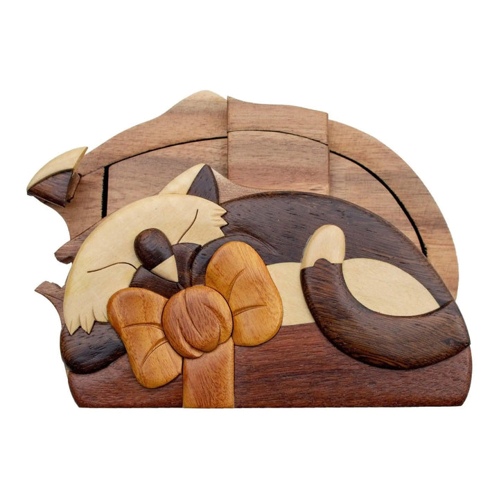 Cat with Bow Sleeping Hand-Carved Puzzle Box- Red Interior - Stash Box Dan