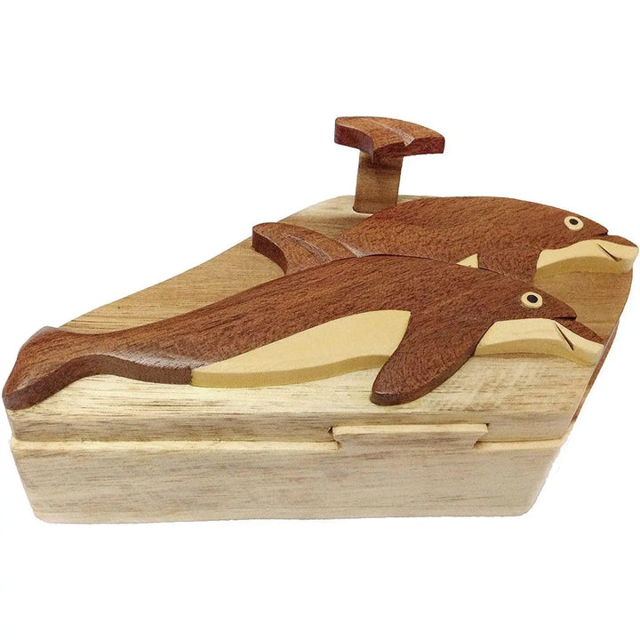 Dolphin Pair Swimming in Ocean Hand-Carved Puzzle Box