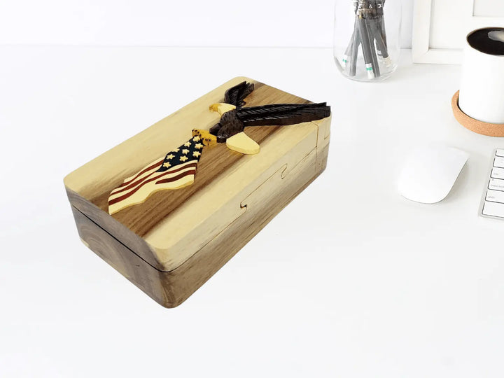 Eagle and American Flag Hand-Carved Puzzle Box - Stash Box Dan