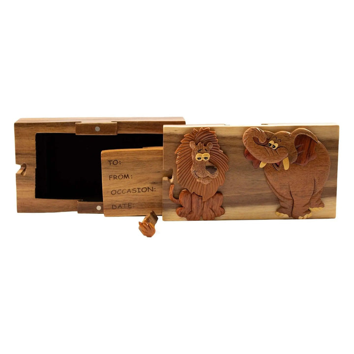 Elephant and Lion Trip to the Zoo Hand-Carved Puzzle Box - Stash Box Dan