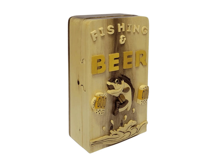 Fishing and Beer Hand-carved Puzzle Box - Stash Box Dan