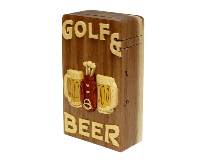 Golf and Beer Hand-carved Handcrafted Puzzle Box - Stash Box Dan