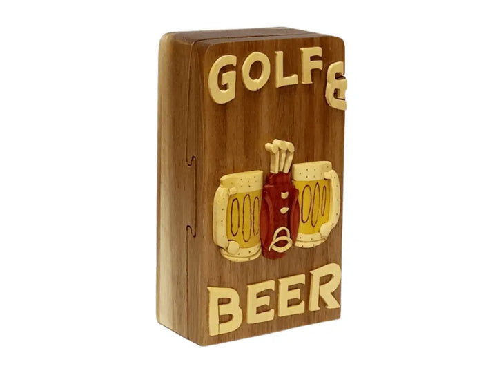 Golf and Beer Hand-carved Handcrafted Puzzle Box - Stash Box Dan