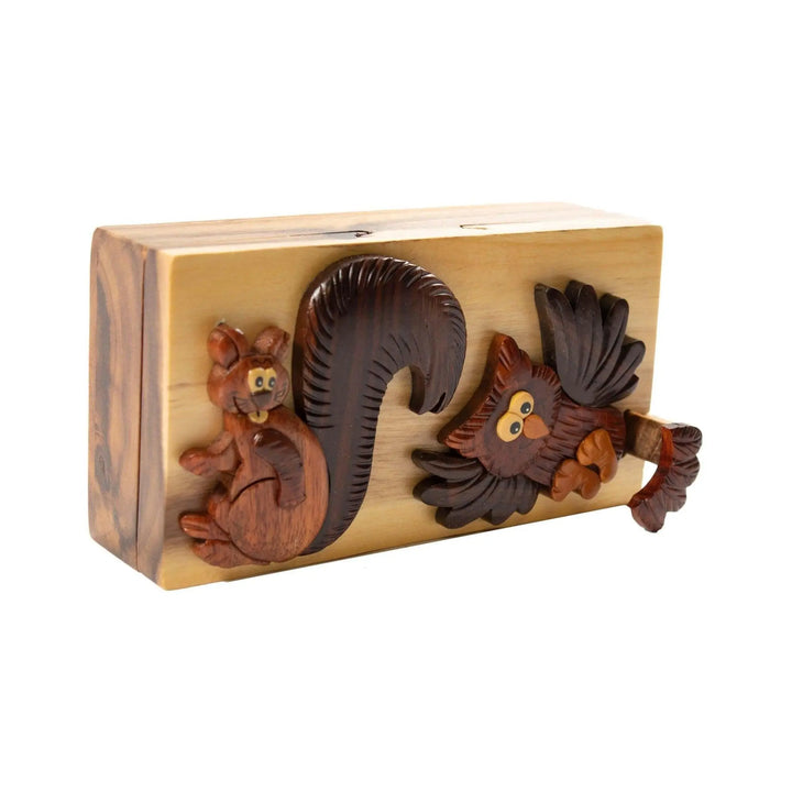 Hoot Dat Owl and Squirrel Hand Carved Puzzle Box