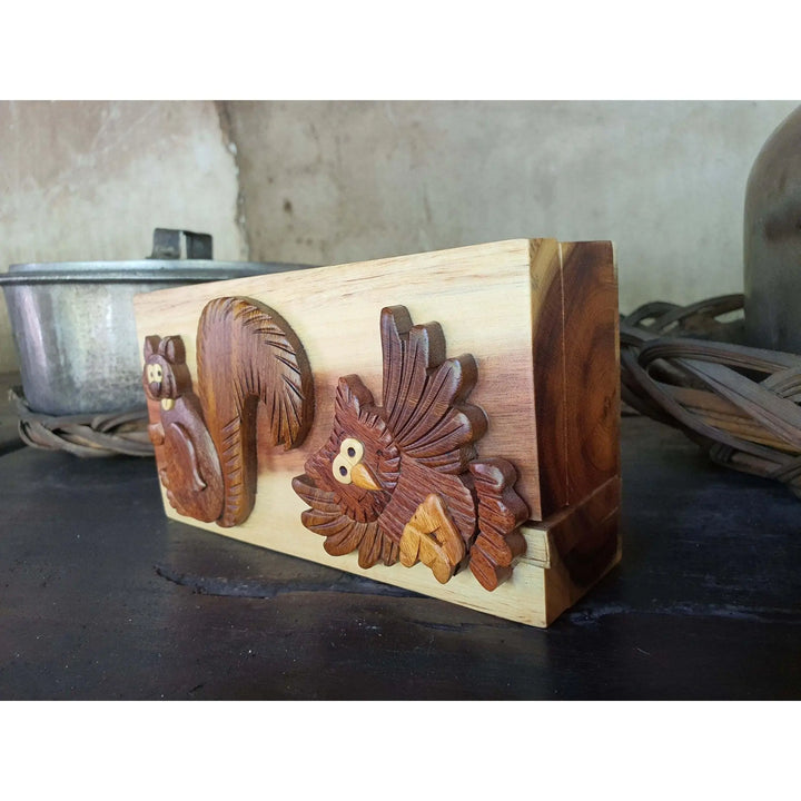 Hoot Dat Owl and Squirrel Hand Carved Puzzle Box