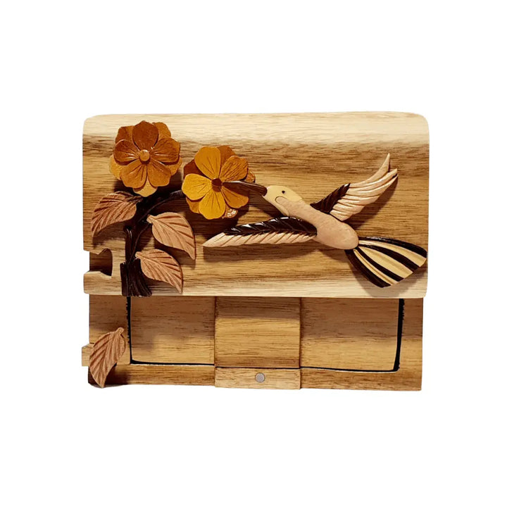 Hummingbird and Flowers Hand-Carved Puzzle Box