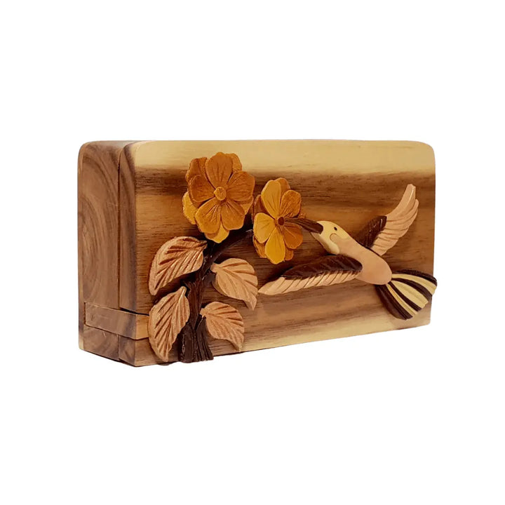 Hummingbird and Flowers Hand-Carved Puzzle Box