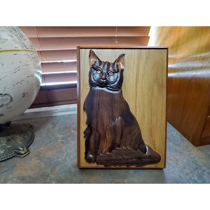 Maine Coon Black Cat Hand-Carved Pet Portrait