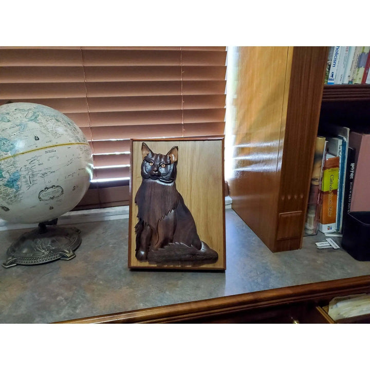 Maine Coon Black Cat Hand-Carved Pet Portrait