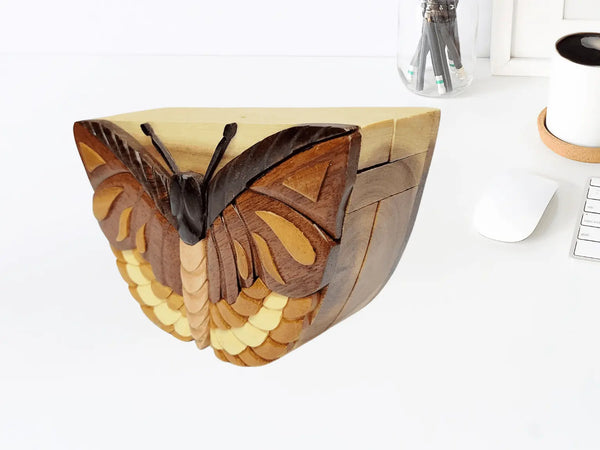 Monarch Butterfly Hand-Carved Puzzle Box