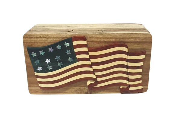 Mother of Pearl American Flag Hand-carved Puzzle Box - Karving Studio