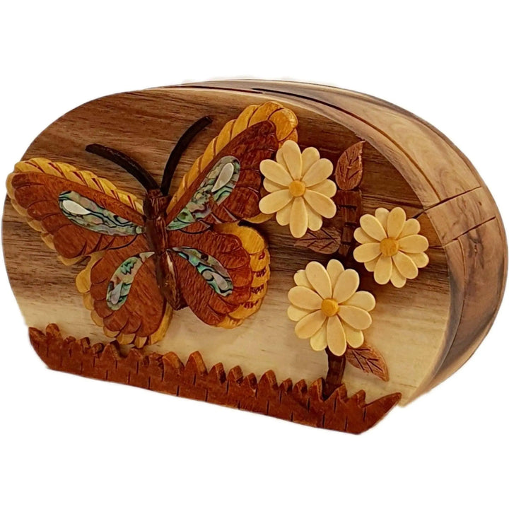 Mother of Pearl Butterfly and Daisies Hand-Carved Puzzle Box - Stash Box Dan