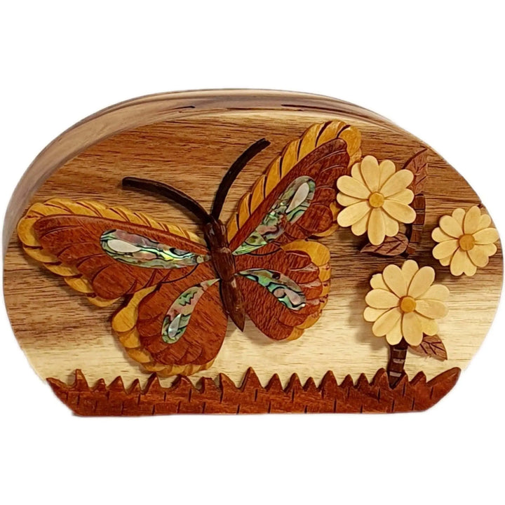Mother of Pearl Butterfly and Daisies Hand-Carved Puzzle Box - Stash Box Dan