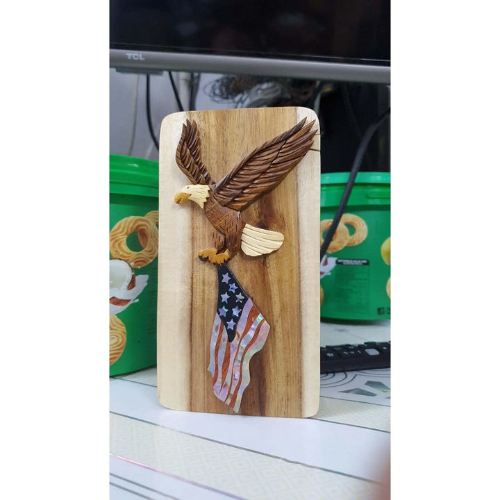 Mother of Pearl Eagle and Flag Hand-Carved Puzzle Box
