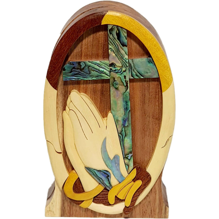 Mother of Pearl Praying Hands and Cross Hand-Carved Puzzle Box