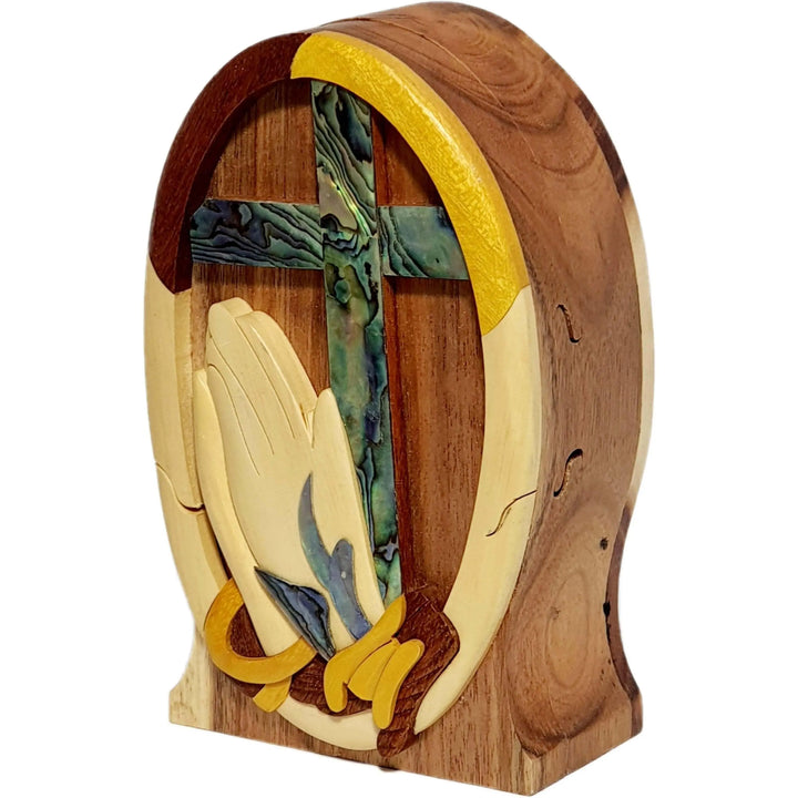 Mother of Pearl Praying Hands and Cross Hand-Carved Puzzle Box