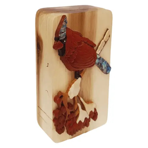 Mother of Pearl Winter Cardinal Hand-carved Puzzle Box