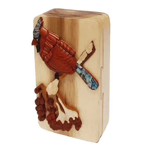 Mother of Pearl Winter Cardinal Hand-carved Puzzle Box