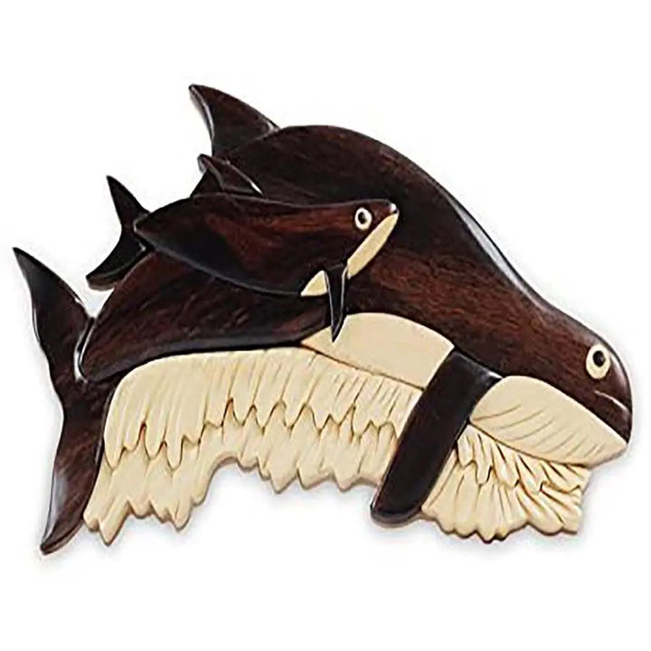 Orca and Baby Whale in the Ocean Hand-Carved Wall Art