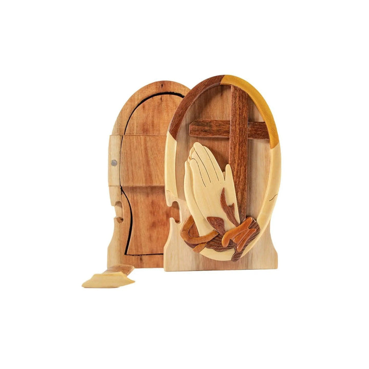 Praying Hands Church Blessing Cross Hand-Carved Puzzle Box