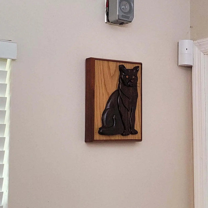 Short Hair Black Cat Hand-Carved Pet Portrait - Stash Box Dan