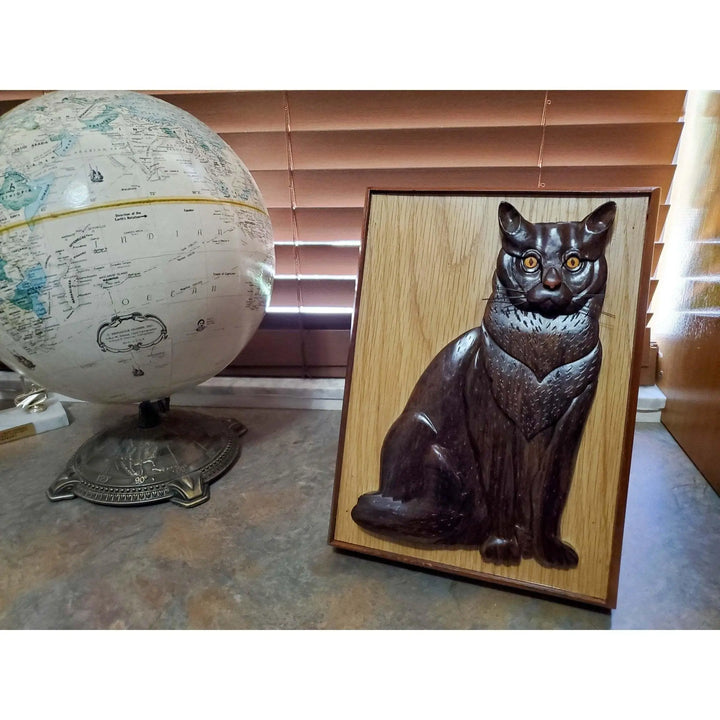 Short Hair Black Cat Hand-Carved Pet Portrait - Stash Box Dan