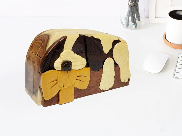 Sleeping Puppy Dog with Bow Hand-Carved Puzzle Box - Stash Box Dan