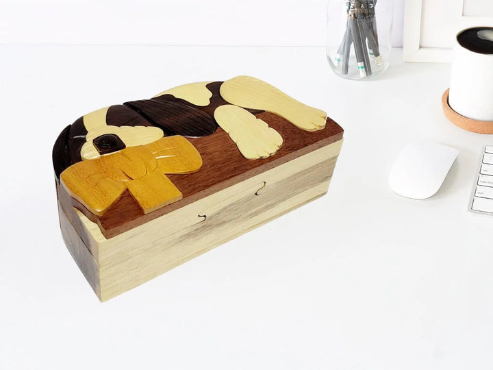 Sleeping Puppy Dog with Bow Hand-Carved Puzzle Box - Stash Box Dan