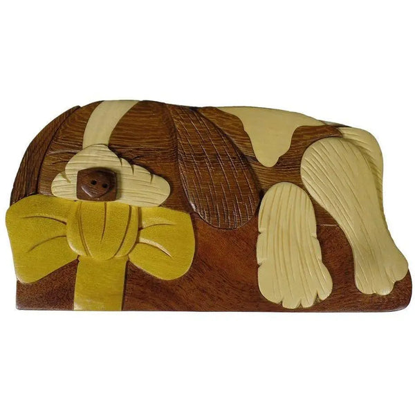 Sleeping Puppy Dog with Bow Hand-Carved Puzzle Box- Red Interior - Stash Box Dan