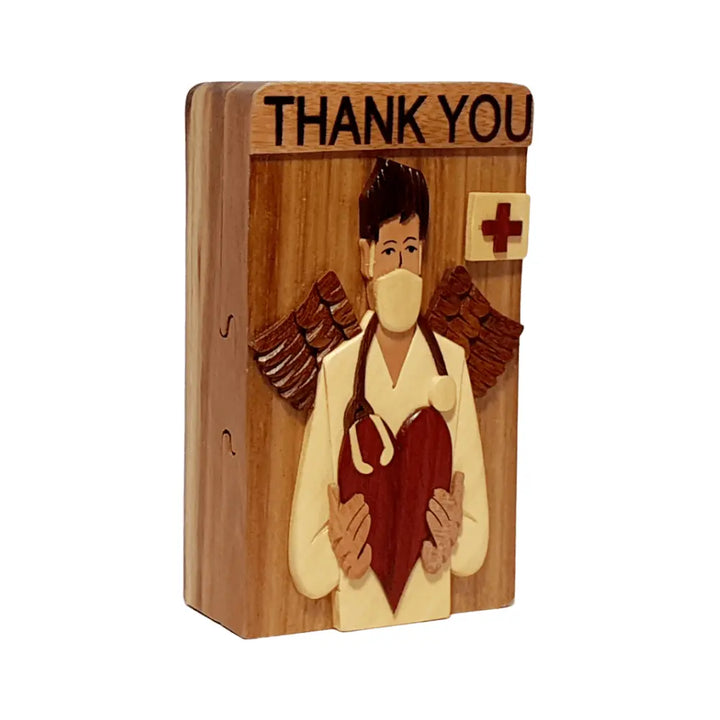 Thank you Health Care Worker Hand-carved Puzzle Box - Stash Box Dan
