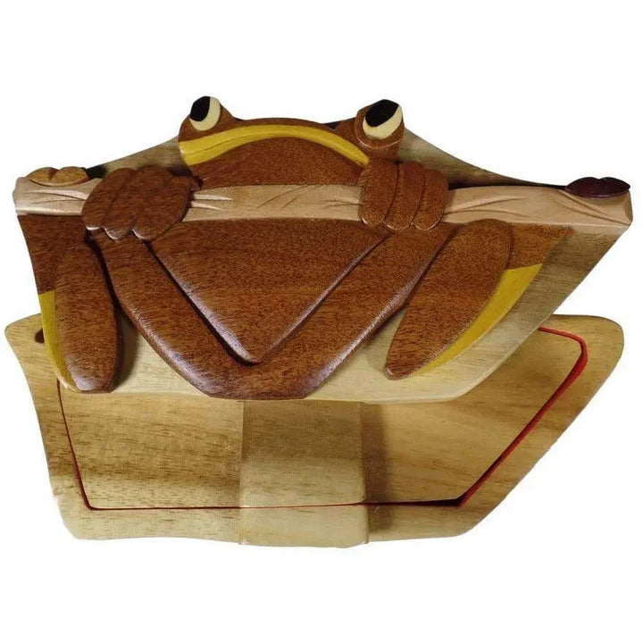 Tree Frog Hand-Carved Puzzle Box (Red Interior) - Stash Box Dan