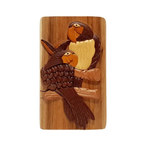 Two Parrots in The Rainforest Hand-Carved Puzzle Box - Stash Box Dan