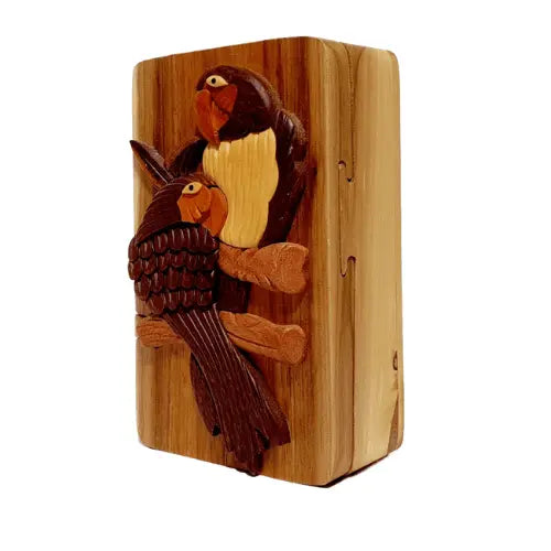 Two Parrots in The Rainforest Hand-Carved Puzzle Box - Stash Box Dan