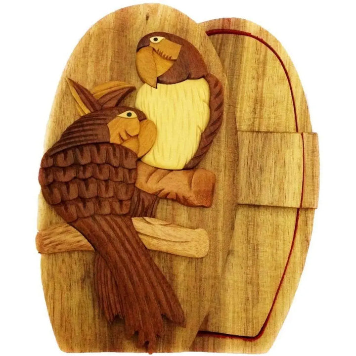 Two Parrots in The Rainforest Hand-Carved Puzzle Box- Red Interior - Stash Box Dan