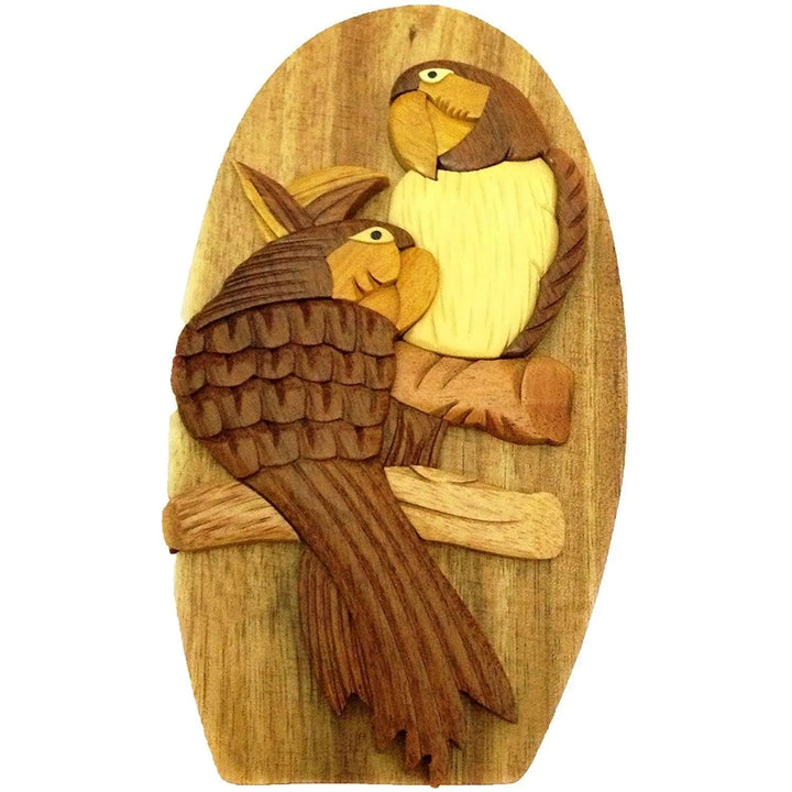 Two Parrots in The Rainforest Hand-Carved Puzzle Box- Red Interior - Stash Box Dan