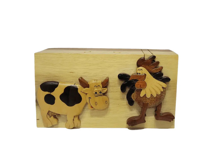 What's for Dinner (Cow and Chicken) Hand-carved Puzzle Box - Stash Box Dan